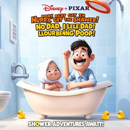 A whimsical and humorous Disney Pixar movie poster titled "Hurry, Get in the Shower! No Dad, I Love Being Poop!"