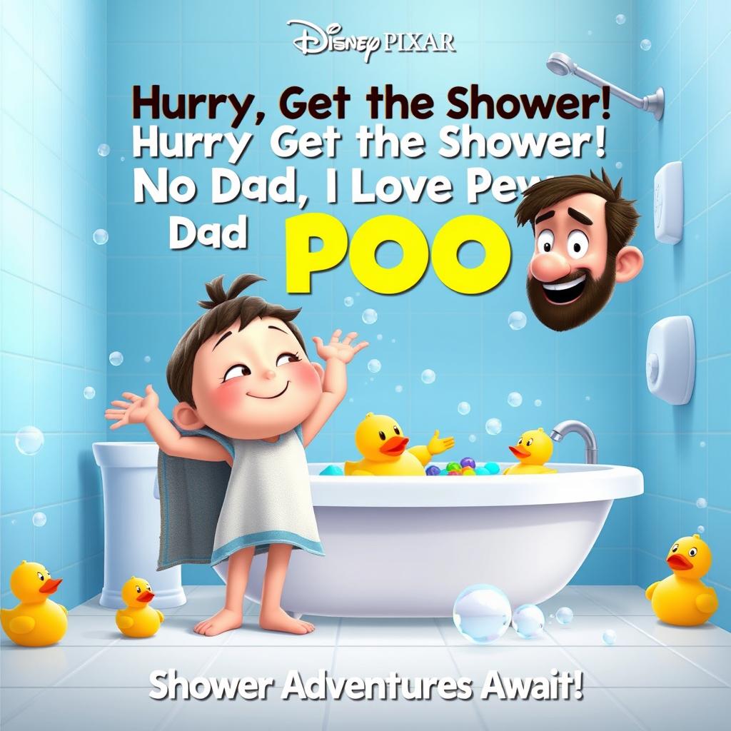 A whimsical and humorous Disney Pixar movie poster titled "Hurry, Get in the Shower! No Dad, I Love Being Poop!"