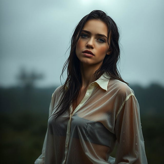 A young woman with wet shirt, standing in the rain, with a slightly transparent fabric clinging to her skin, revealing the texture and details of the clothing beneath