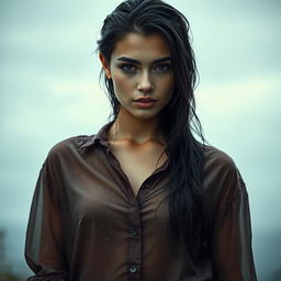 A young woman with wet shirt, standing in the rain, with a slightly transparent fabric clinging to her skin, revealing the texture and details of the clothing beneath