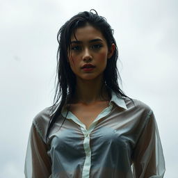 A young woman with wet shirt, standing in the rain, with a slightly transparent fabric clinging to her skin, revealing the texture and details of the clothing beneath