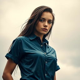 A young woman with a soaked shirt, standing in a torrential downpour, the fabric clinging closely to her skin and revealing more texture and detail