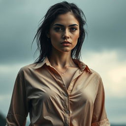 A young woman with a soaked shirt, standing in a torrential downpour, the fabric clinging closely to her skin and revealing more texture and detail