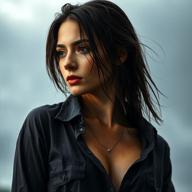 A young woman with a soaked shirt, standing in a torrential downpour, the fabric clinging closely to her skin and revealing more texture and detail