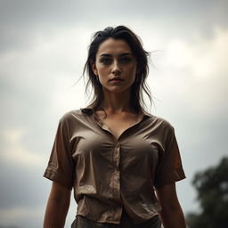 A young woman with a soaked shirt, standing in a torrential downpour, the fabric clinging closely to her skin and revealing more texture and detail