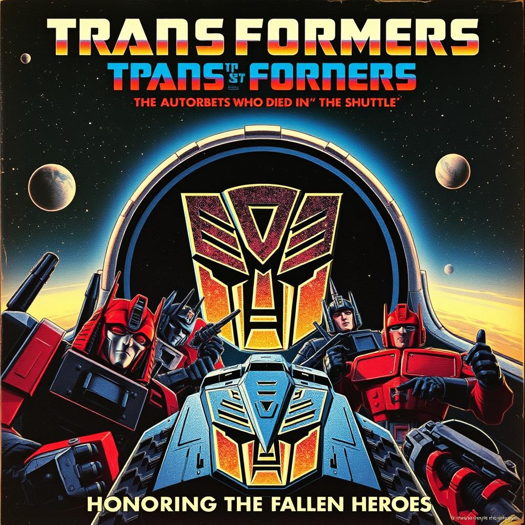 A vintage-style Transformers 1986 movie poster titled "Original Death Boards of the Autobots Who Died in the Shuttle