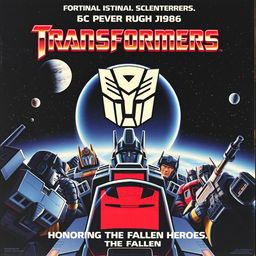 A vintage-style Transformers 1986 movie poster titled "Original Death Boards of the Autobots Who Died in the Shuttle