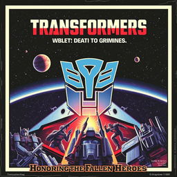 A vintage-style Transformers 1986 movie poster titled "Original Death Boards of the Autobots Who Died in the Shuttle