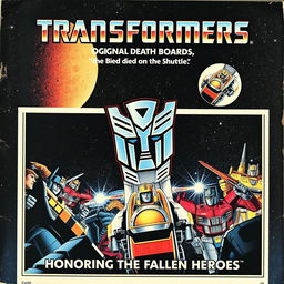 A vintage-style Transformers 1986 movie poster titled "Original Death Boards of the Autobots Who Died in the Shuttle