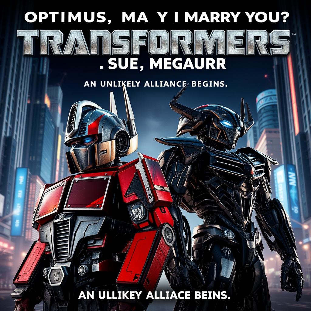 A thrilling and unconventional Transformers movie poster titled "Optimus, May I Marry You? Sure, Megatron