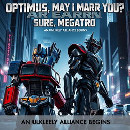 A thrilling and unconventional Transformers movie poster titled "Optimus, May I Marry You? Sure, Megatron