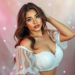 an 18-year-old young woman with a voluptuous physique, gracefully posing with a hint of playful allure