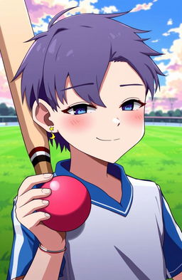 An anime-inspired boy with middle-parted hair, wearing a crescent and star earring visible in his left ear