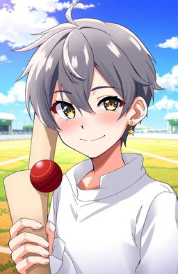 An anime-inspired boy with middle-parted hair, wearing a crescent and star earring visible in his left ear