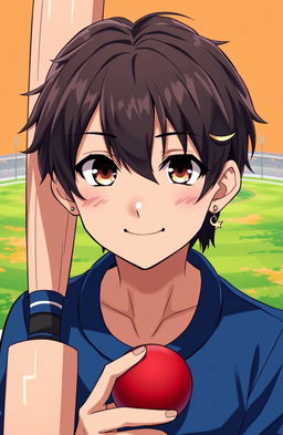 An anime-inspired boy with middle-parted hair, wearing a crescent and star earring visible in his left ear