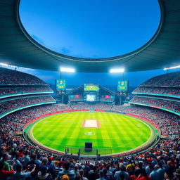 A lively cricket stadium filled with enthusiastic spectators, featuring a well-maintained cricket pitch in the center