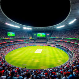 A lively cricket stadium filled with enthusiastic spectators, featuring a well-maintained cricket pitch in the center