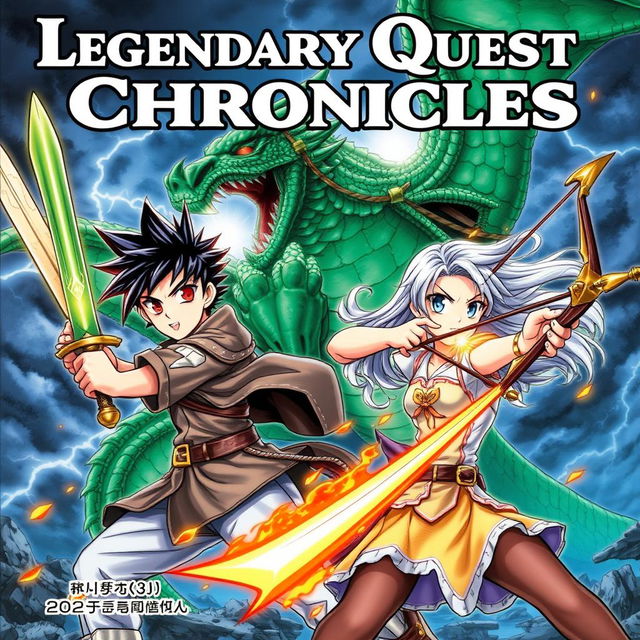 A captivating manga cover featuring a dynamic scene of a young hero and heroine in an epic battle against a giant mythical creature