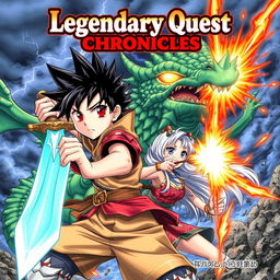 A captivating manga cover featuring a dynamic scene of a young hero and heroine in an epic battle against a giant mythical creature