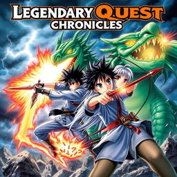 A captivating manga cover featuring a dynamic scene of a young hero and heroine in an epic battle against a giant mythical creature