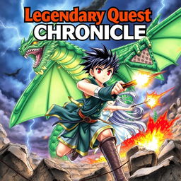 A captivating manga cover featuring a dynamic scene of a young hero and heroine in an epic battle against a giant mythical creature