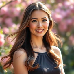 A portrait of a beautiful woman with flowing long hair, wearing an elegant dress