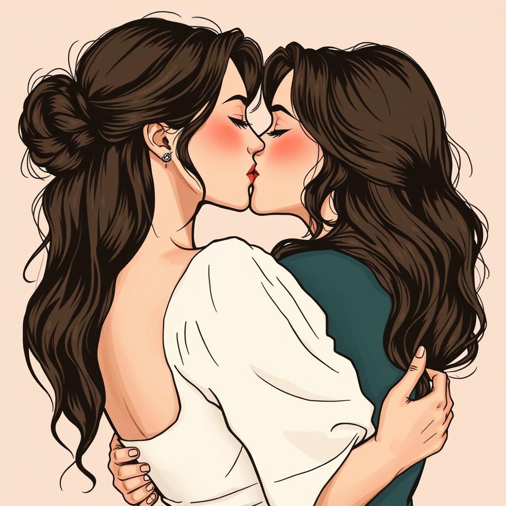 two women in an intimate embrace, sharing a tender kiss, depicted in a tasteful and artistic manner, showcasing the beauty of human connection and affection