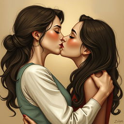 two women in an intimate embrace, sharing a tender kiss, depicted in a tasteful and artistic manner, showcasing the beauty of human connection and affection