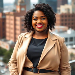 A portrait of a beautiful, confident plus-size woman wearing a fashionable and elegant outfit