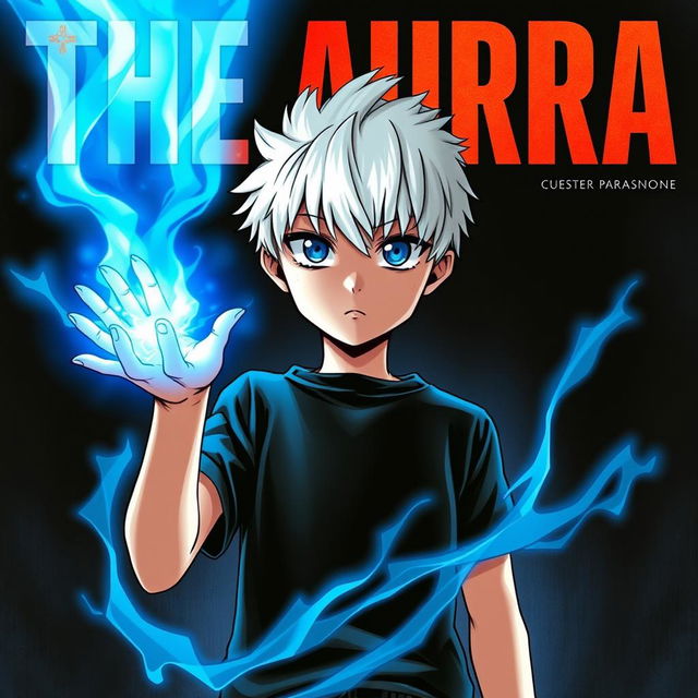 A mysterious manga cover featuring a young boy with striking white hair and intense blue eyes, standing confidently