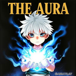 A mysterious manga cover featuring a young boy with striking white hair and intense blue eyes, standing confidently