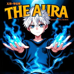 A mysterious manga cover featuring a young boy with striking white hair and intense blue eyes, standing confidently