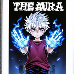 A mysterious manga cover featuring a young boy with striking white hair and intense blue eyes, standing confidently