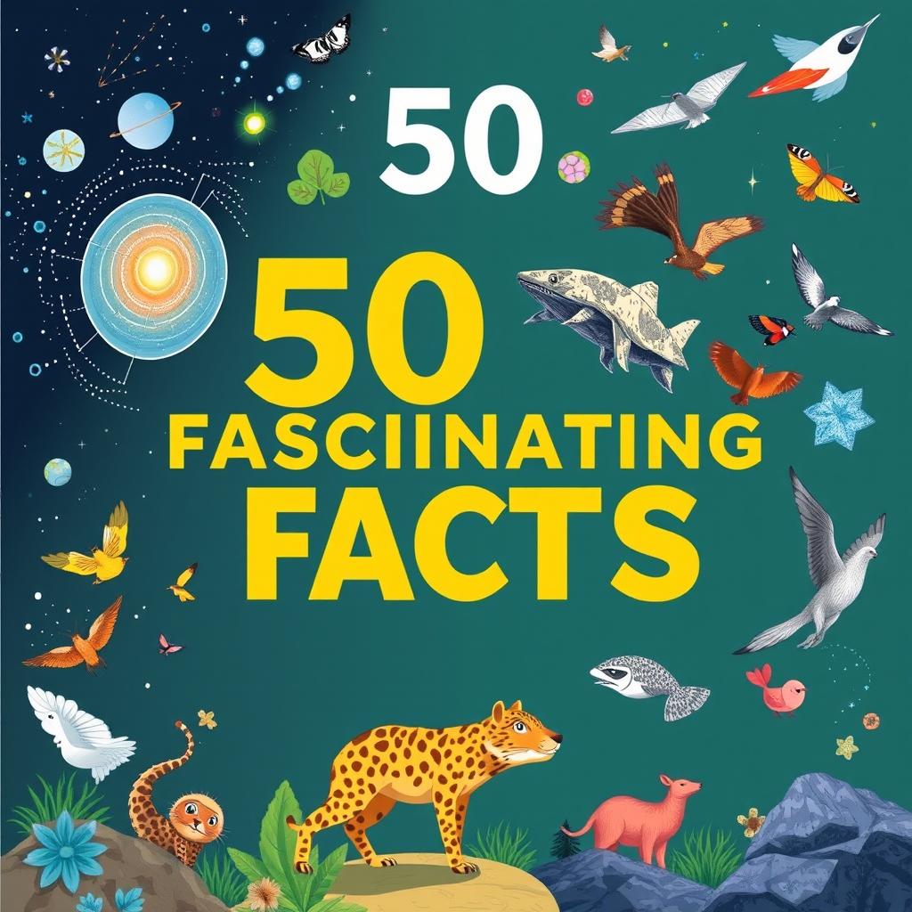 An intriguing collection of 50 fascinating facts presented in a visually engaging format, with each fact accompanied by an imaginative and representative illustration