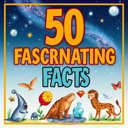 An intriguing collection of 50 fascinating facts presented in a visually engaging format, with each fact accompanied by an imaginative and representative illustration