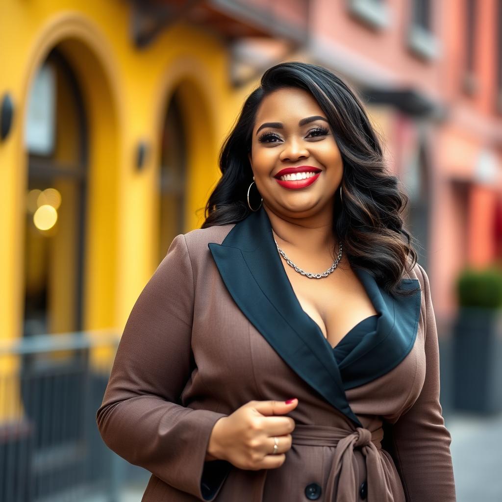 A portrait of a beautiful, confident plus-size white woman wearing a stylish and elegant outfit