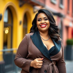 A portrait of a beautiful, confident plus-size white woman wearing a stylish and elegant outfit