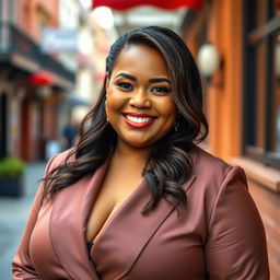 A portrait of a beautiful, confident plus-size white woman wearing a stylish and elegant outfit