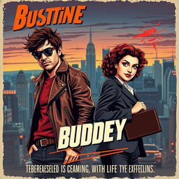 A vintage-style buddy movie poster featuring two charismatic characters in dynamic poses against a bustling city backdrop