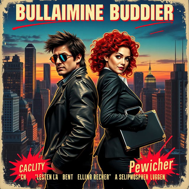 A vintage-style buddy movie poster featuring two charismatic characters in dynamic poses against a bustling city backdrop