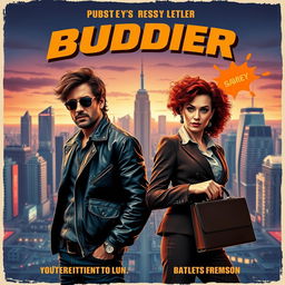 A vintage-style buddy movie poster featuring two charismatic characters in dynamic poses against a bustling city backdrop