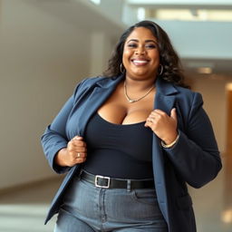 A confident, plus-size woman with fair skin, dressed in fashionable and stylish clothes that accentuate her figure