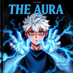 A manga cover featuring a 16-year-old boy with striking white hair and vivid blue eyes, his hands radiating a powerful blue energy