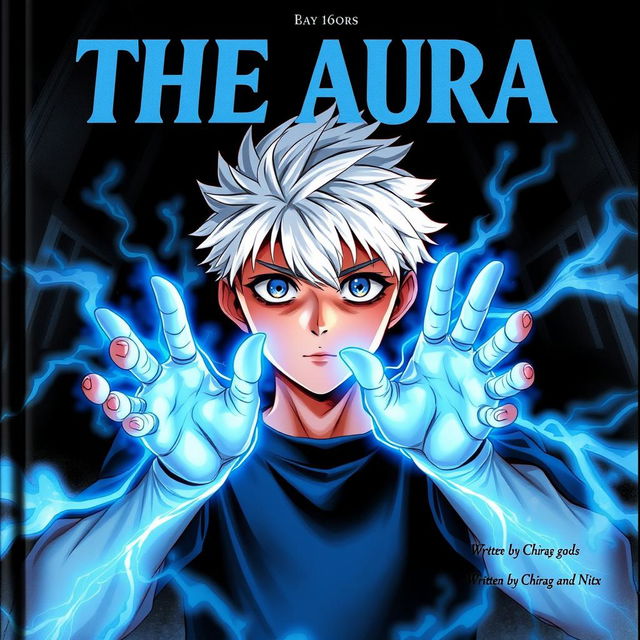 A manga cover featuring a 16-year-old boy with striking white hair and vivid blue eyes, his hands radiating a powerful blue energy