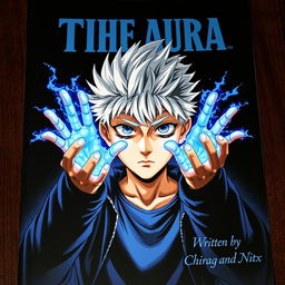 A manga cover featuring a 16-year-old boy with striking white hair and vivid blue eyes, his hands radiating a powerful blue energy