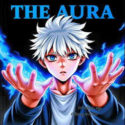 A manga cover featuring a 16-year-old boy with striking white hair and vivid blue eyes, his hands radiating a powerful blue energy