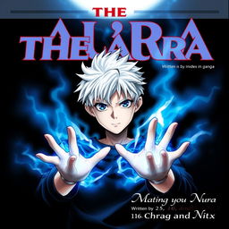 A manga cover featuring a 16-year-old boy with striking white hair and vivid blue eyes, his hands radiating a powerful blue energy