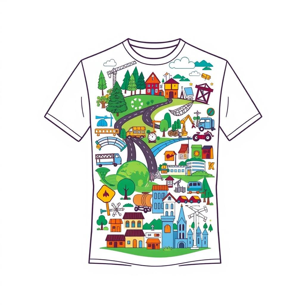 A short sleeve t-shirt design featuring a collage of themes representing various governmental departments: environmental services, transportation services, public works, information services, animal husbandry, cultural services, and tourism services