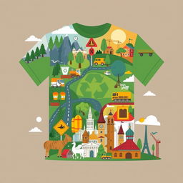 A short sleeve t-shirt design featuring a collage of themes representing various governmental departments: environmental services, transportation services, public works, information services, animal husbandry, cultural services, and tourism services