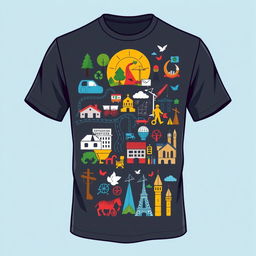 A short sleeve t-shirt design featuring a collage of themes representing various governmental departments: environmental services, transportation services, public works, information services, animal husbandry, cultural services, and tourism services